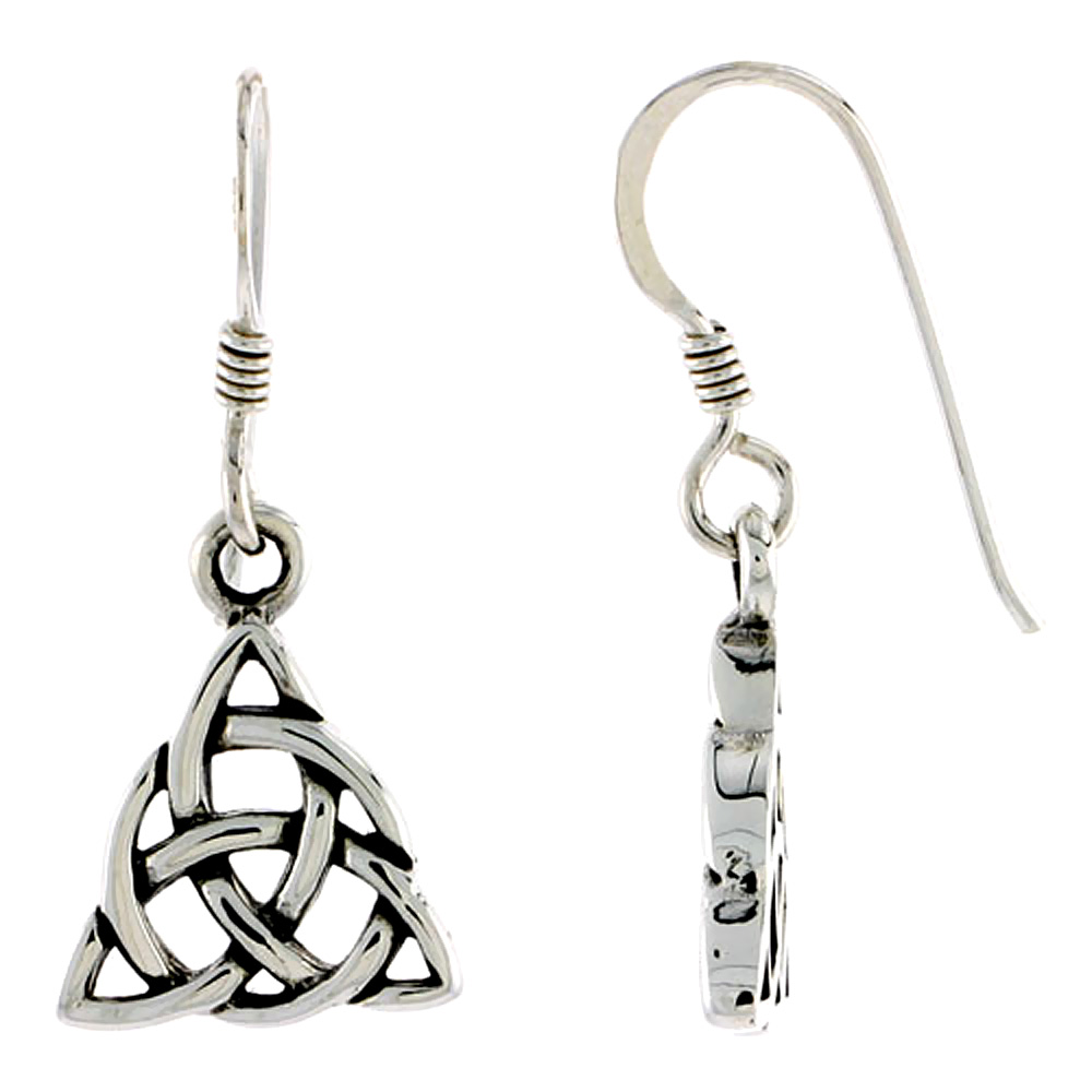 Sterling silver Trinity Symbol Triquetra Interlaced Circle Celtic Earrings Dangling Fishhook Oxidized Finish Women 1/2 inch long