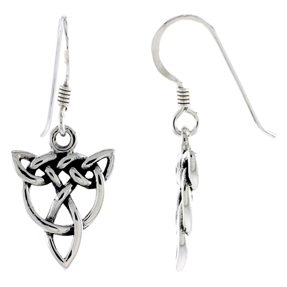 STERLING SILVER TRINITY SYMBOL TRIQUETRA INTERLACED CIRCLE CELTIC EARRINGS DANGLING FISHHOOK OXIDIZED FINISH WOMEN 5/8 INCH LONG