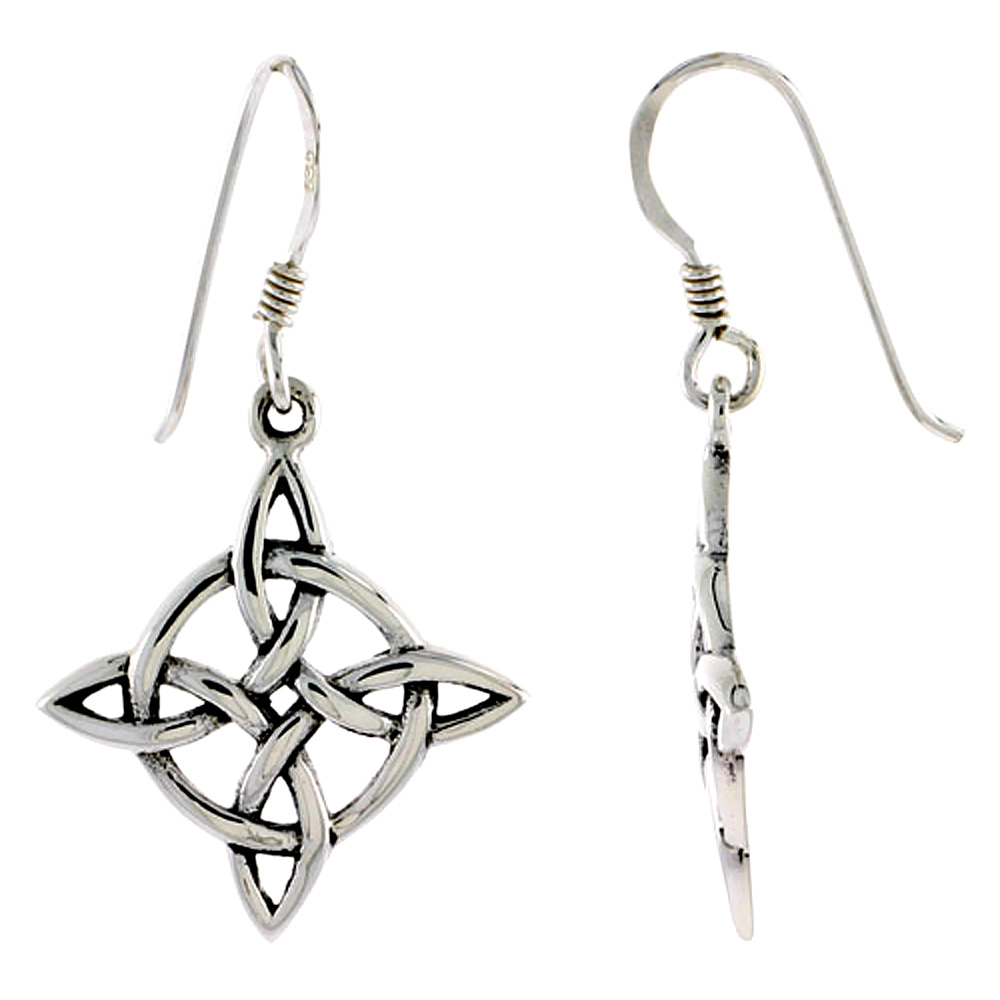 Sterling Silver Celtic Witches Knot Earrings Dangling Fishhook Oxidized Finish Women 7/8 inch long