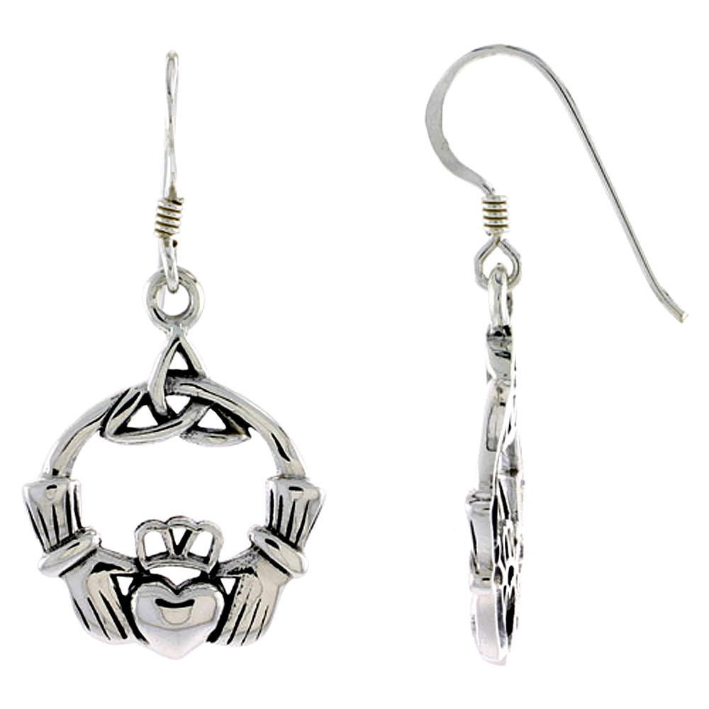 STERLING SILVER TRINITY SYMBOL CLADDAGH EARRINGS TRIQUETRA DANGLING FISHHOOK OXIDIZED FINISH WOMEN 7/8 INCH LONG