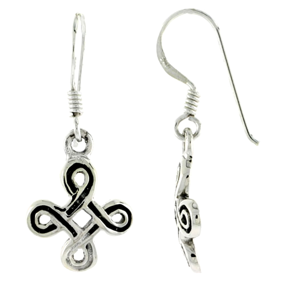 STERLING SILVER CELTIC CELTIC SHIELD KNOT EARRINGS DANGLING FISHHOOK OXIDIZED FINISH WOMEN 5/8 INCH LONG