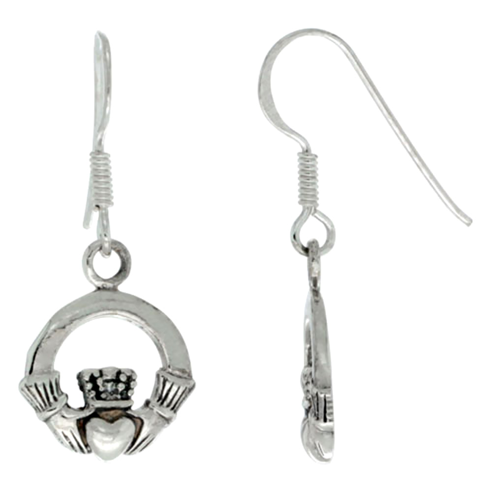 STERLING SILVER CLADDAGH EARRINGS DANGLING FISHHOOK OXIDIZED FINISH WOMEN 5/8 INCH LONG