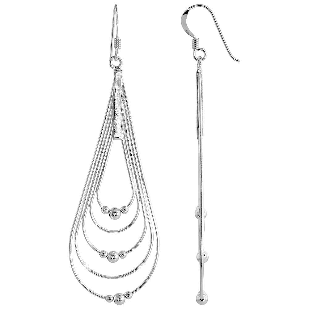STERLING SILVER WIRE EARRINGS W/ BEADS, 2 3/4 INCH