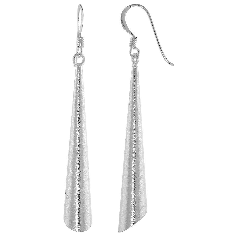 STERLING SILVER ELLIPTICAL CONE EARRINGS CRYSTALLIZED FINISH, 1 3/4 INCH