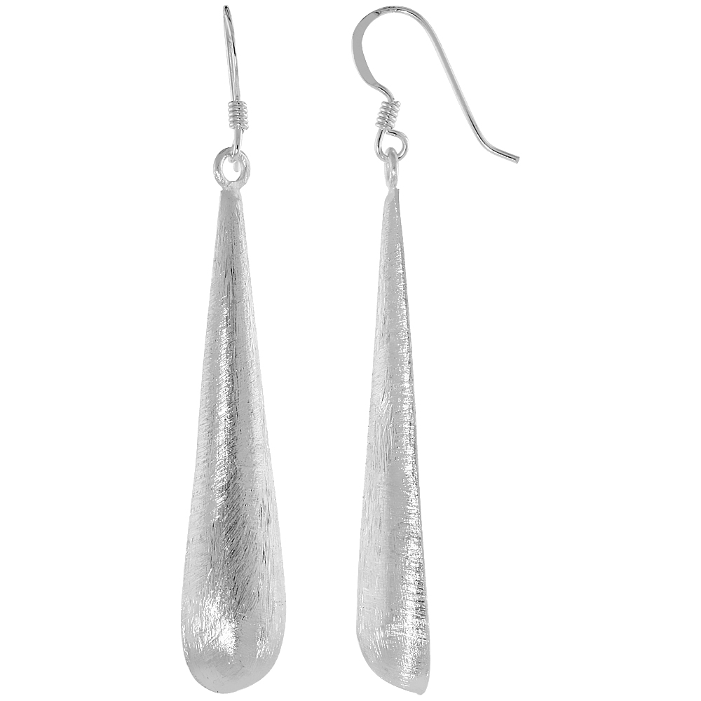 STERLING SILVER HOLLOW BACK TEARDROP EARRINGS CRYSTALLIZED FINISH, 1 7/8 INCH