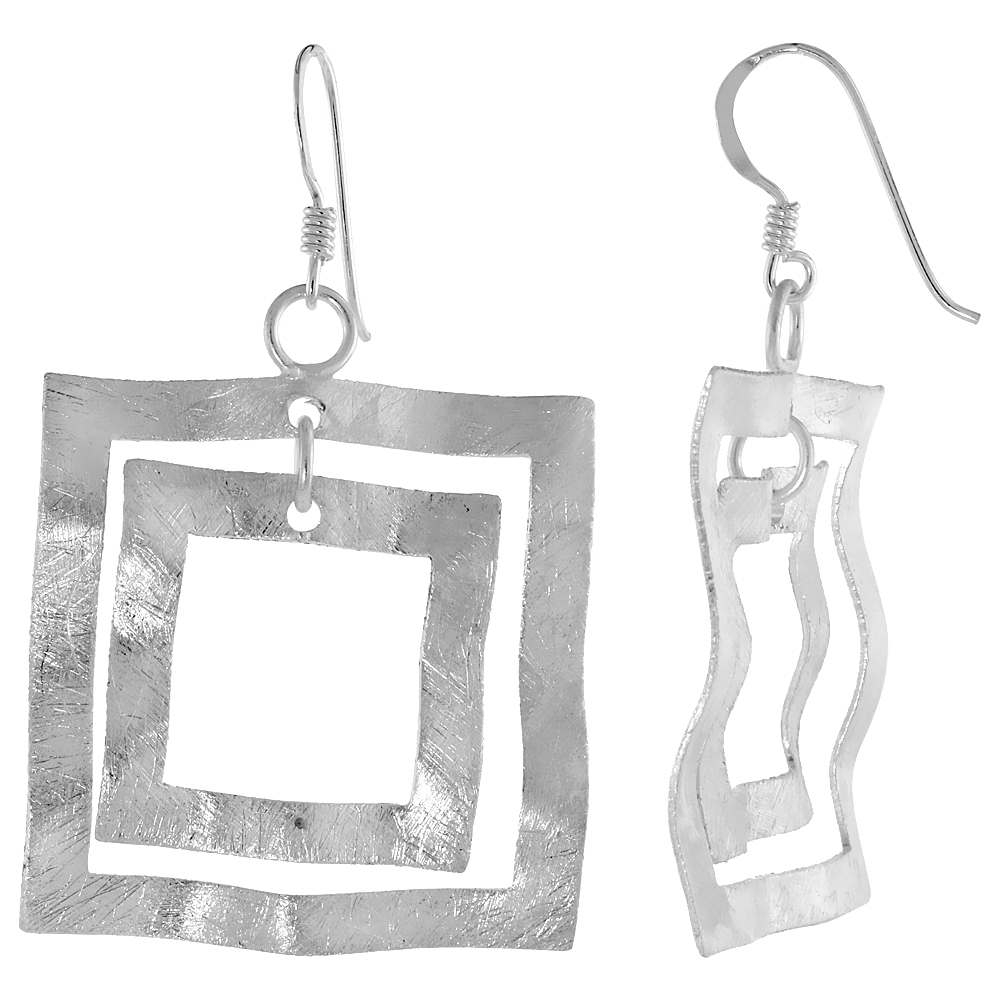 STERLING SILVER CRINKLED SQUARES EARRINGS CRYSTALLIZED FINISH, 1 3/16 INCH
