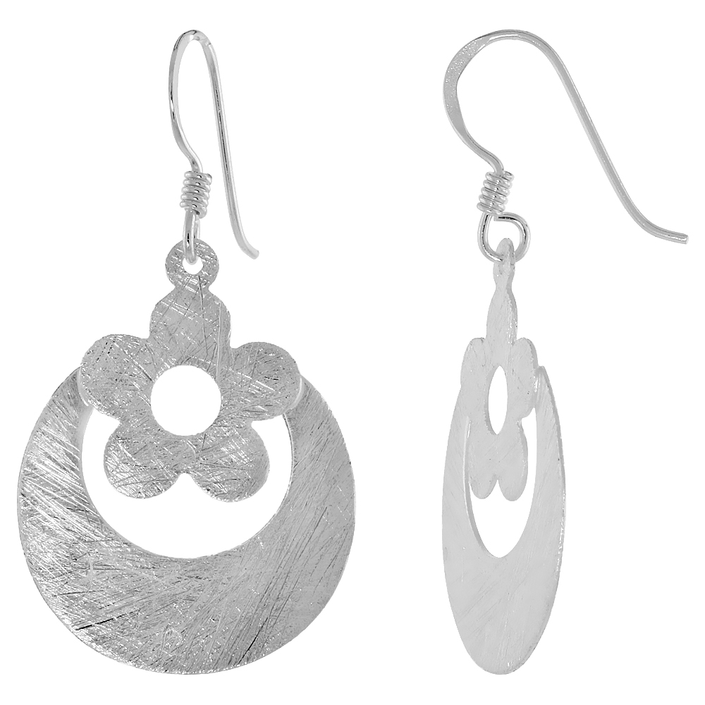 STERLING SILVER FLOWER EARRINGS CRYSTALLIZED FINISH, 1 INCH