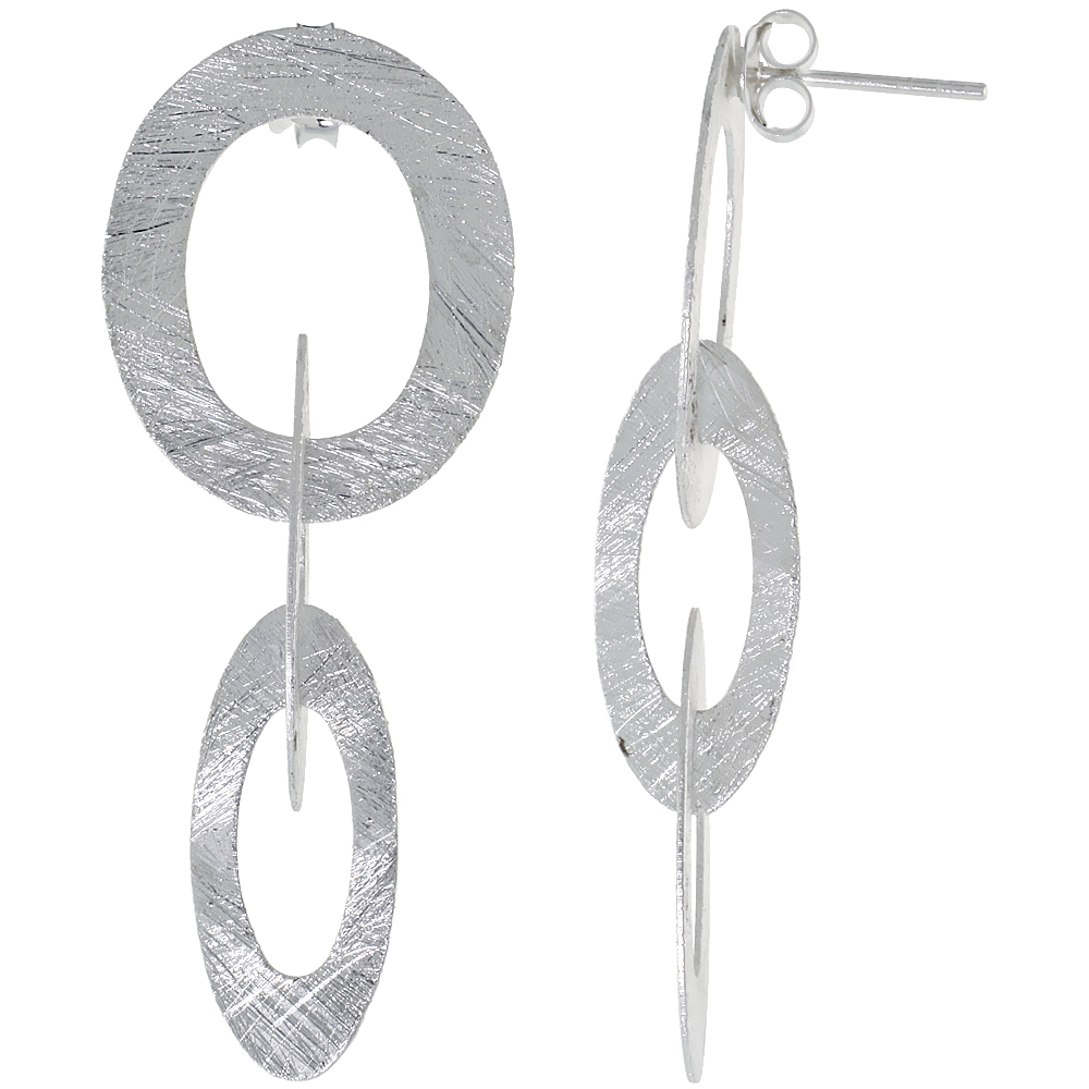 STERLING SILVER TRIPLE OVAL EARRINGS CRYSTALLIZED FINISH, 1 3/4 INCH