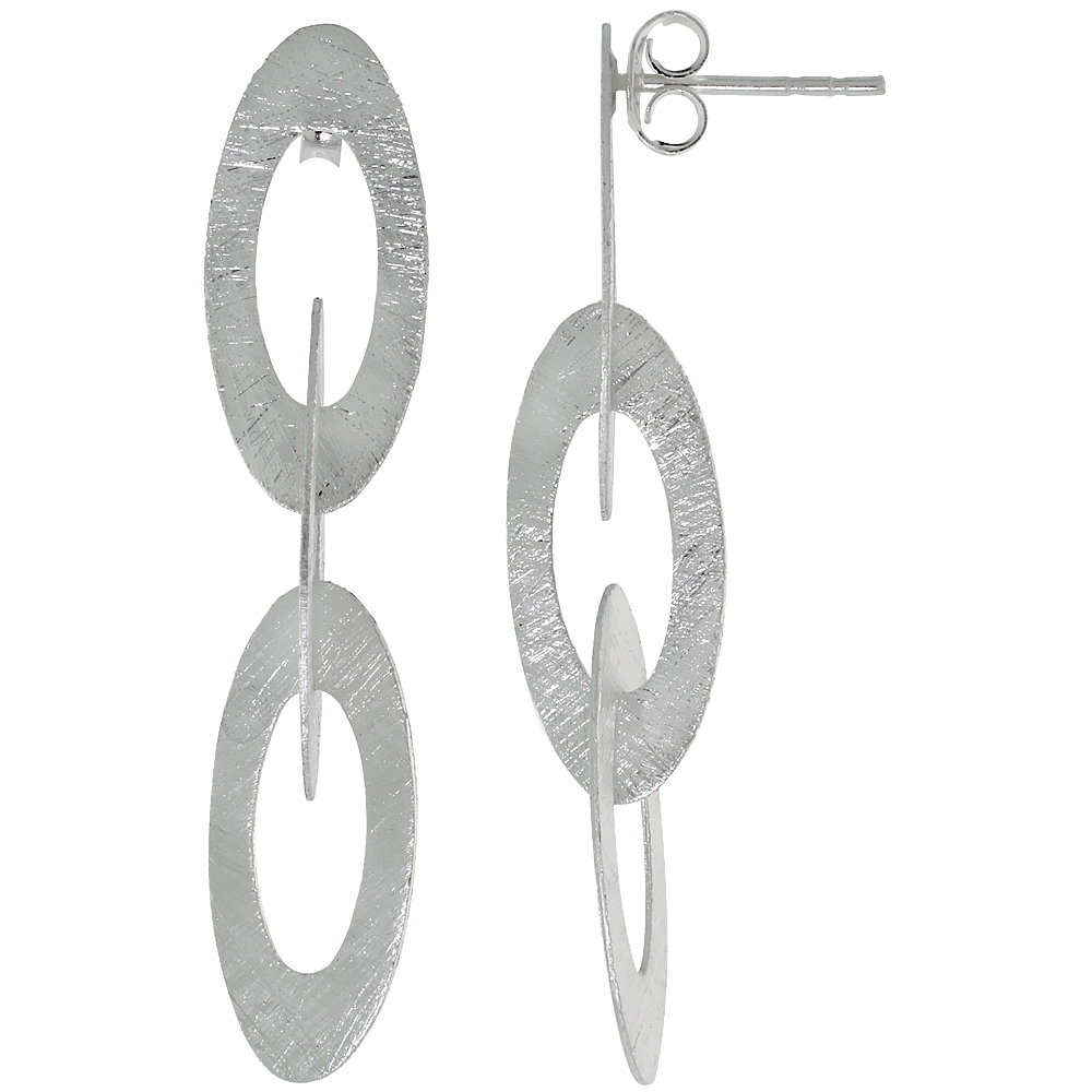 STERLING SILVER TRIPLE OVAL EARRINGS CRYSTALLIZED FINISH, 1 3/4 INCH