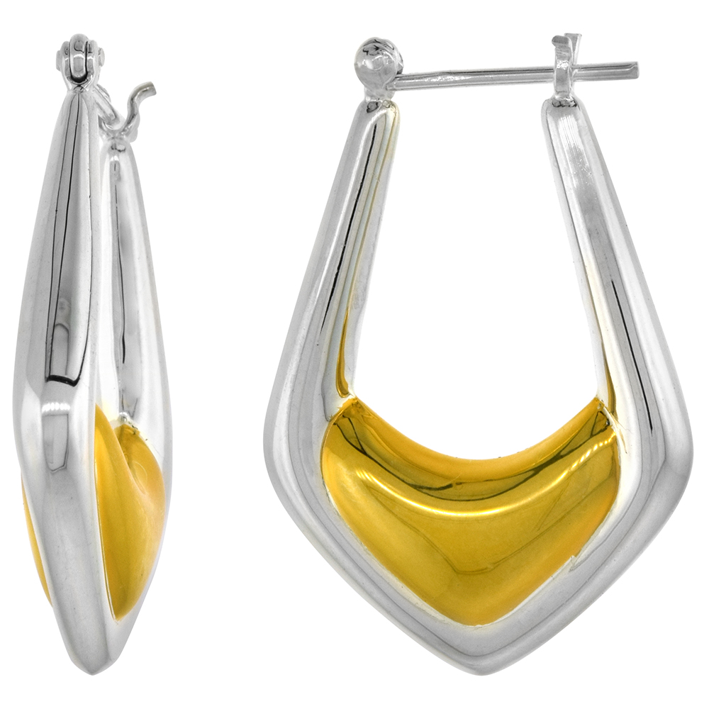 STERLING SILVER SNAP-DOWN-POST HOOP EARRINGS 2-TONE GOLD PLATE ACCENT 1 3/8 INCH TALL