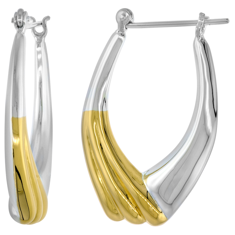STERLING SILVER SNAP-DOWN-POST HOOP EARRINGS 2-TONE GOLD PLATE ACCENT 1 3/8 INCH TALL