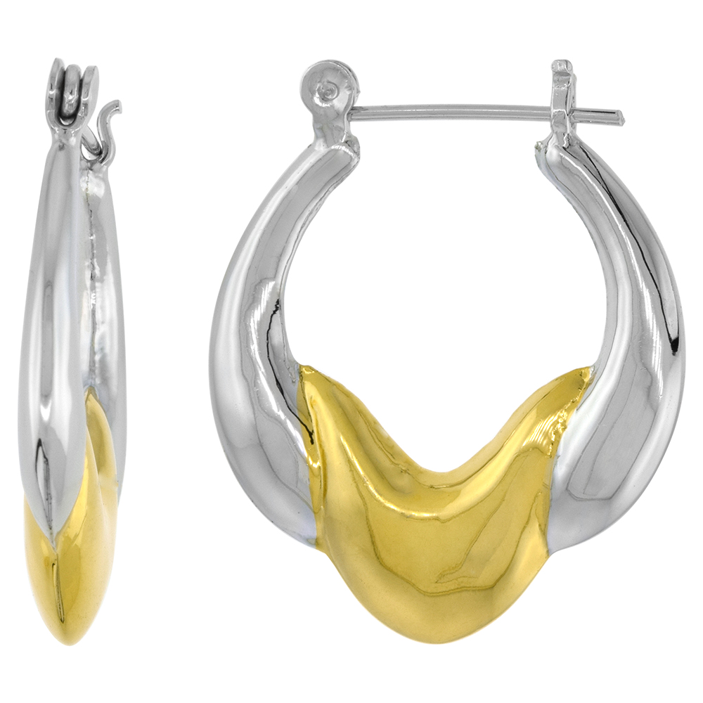 STERLING SILVER SNAP-DOWN-POST HOOP EARRINGS 2-TONE GOLD PLATE ACCENT 1 1/4 INCH TALL