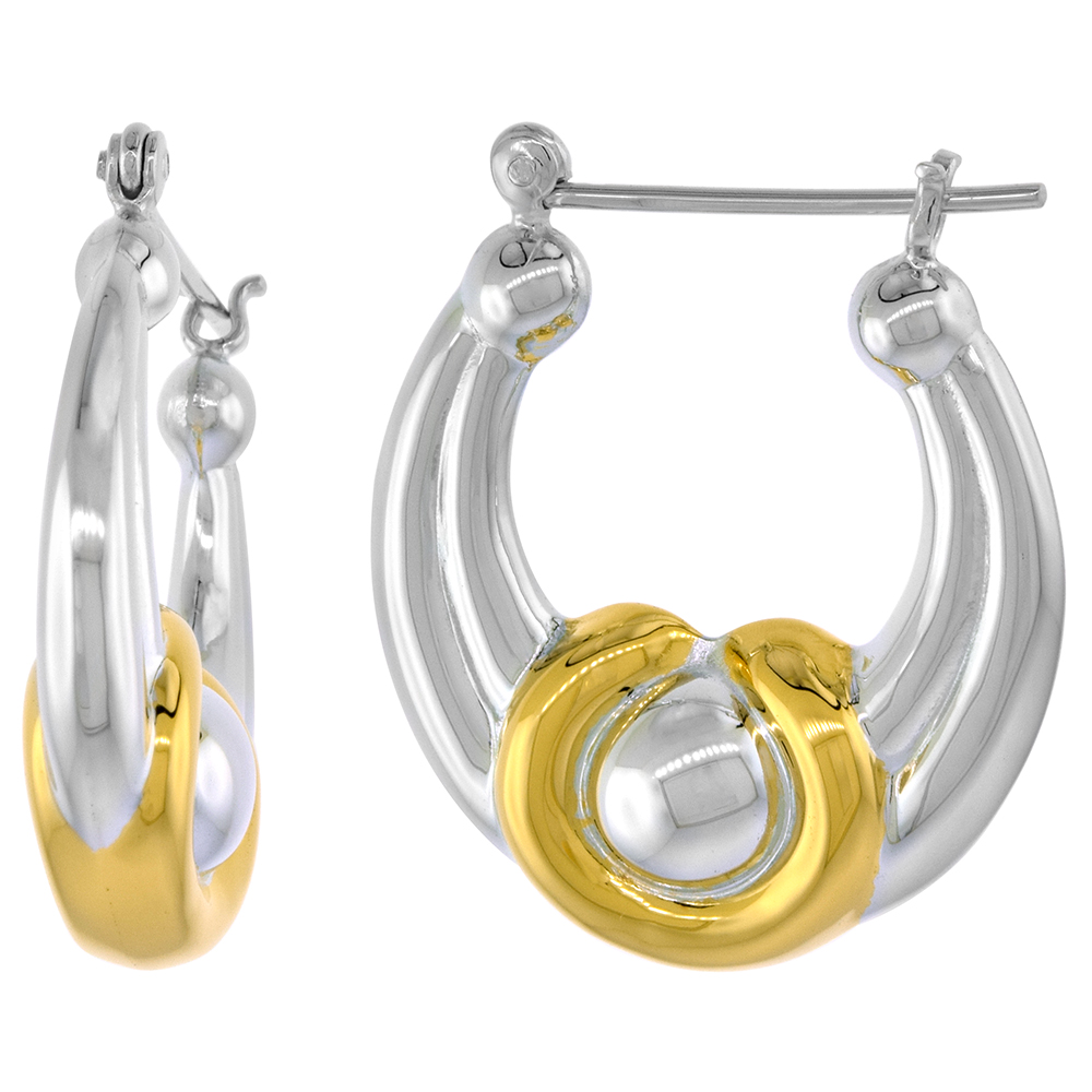 STERLING SILVER SNAP-DOWN-POST HOOP EARRINGS 2-TONE GOLD PLATE ACCENT 1 3/16 INCH TALL
