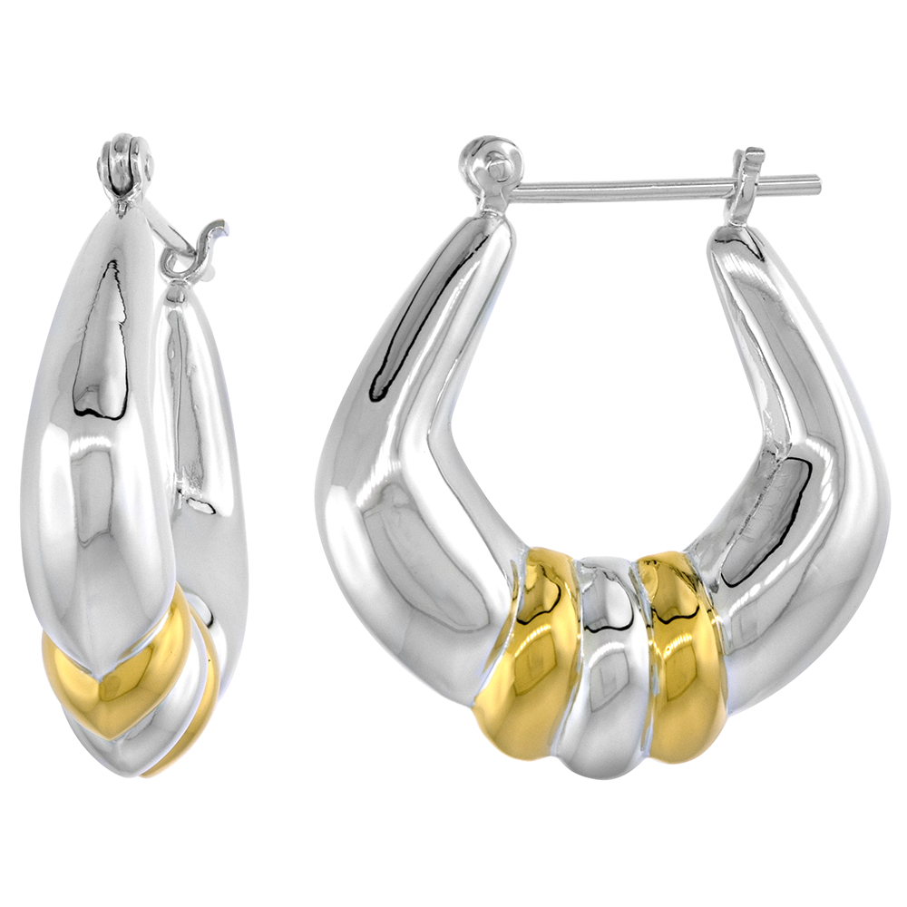 STERLING SILVER SNAP-DOWN-POST HOOP EARRINGS 2-TONE GOLD PLATE ACCENT 1 1/16 INCH TALL