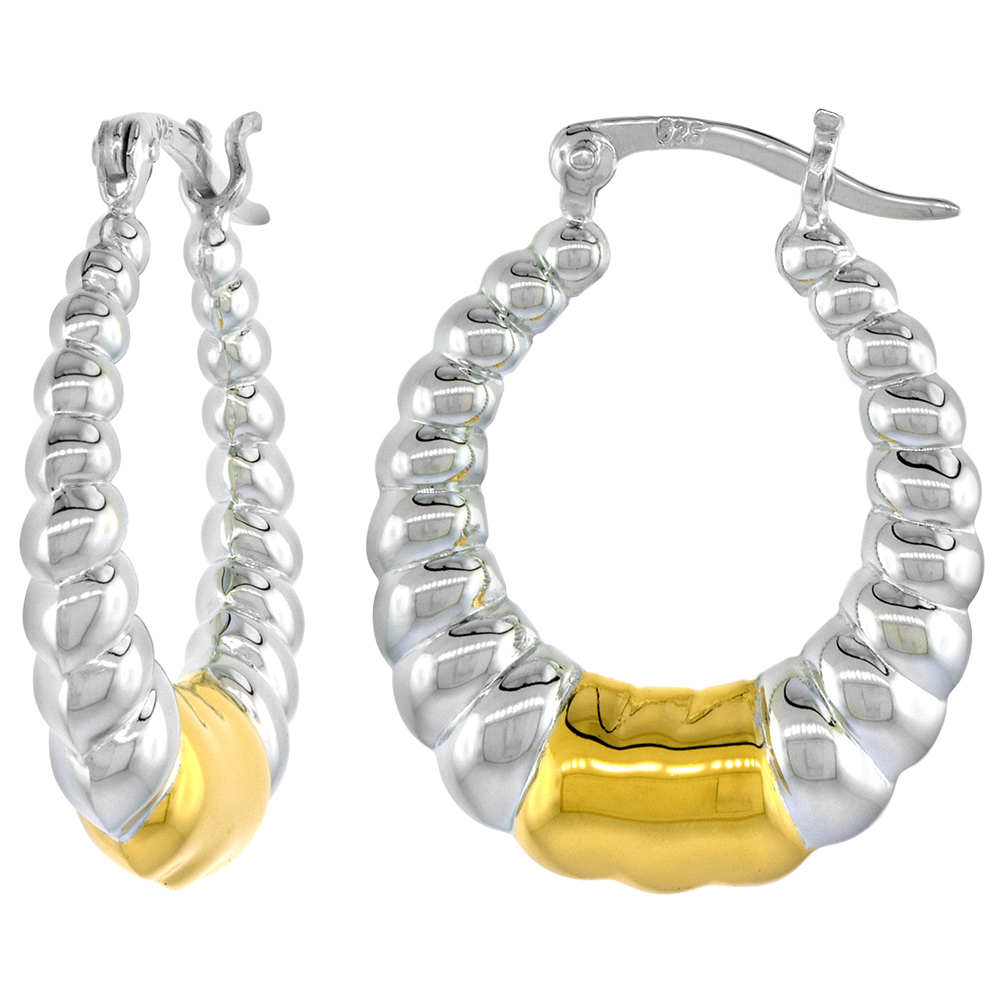 STERLING SILVER SNAP-DOWN-POST SHRIMP HOOP EARRINGS 2-TONE GOLD PLATE ACCENT 1 1/8 INCH TALL