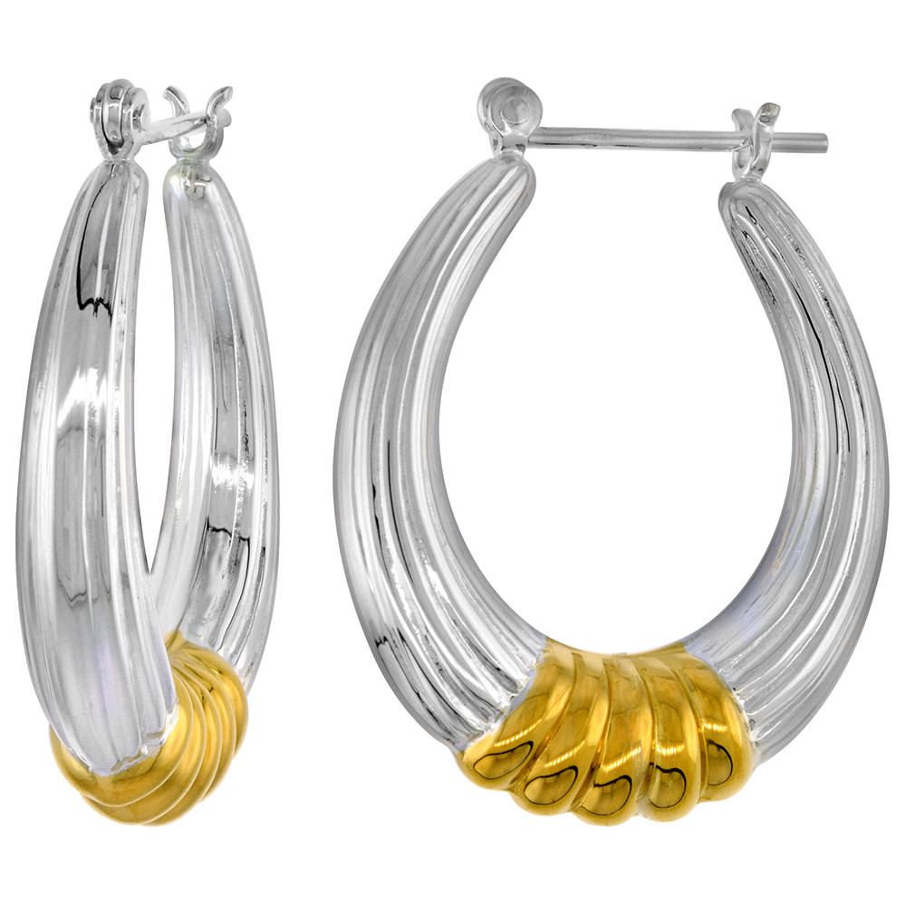 STERLING SILVER SNAP-DOWN-POST HOOP EARRINGS 2-TONE GOLD PLATE ACCENT 1 3/16 INCH TALL