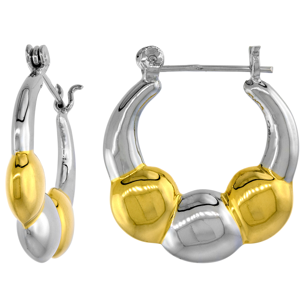 STERLING SILVER SNAP-DOWN-POST HOOP EARRINGS 2-TONE GOLD PLATE ACCENT 1 1/8 INCH TALL