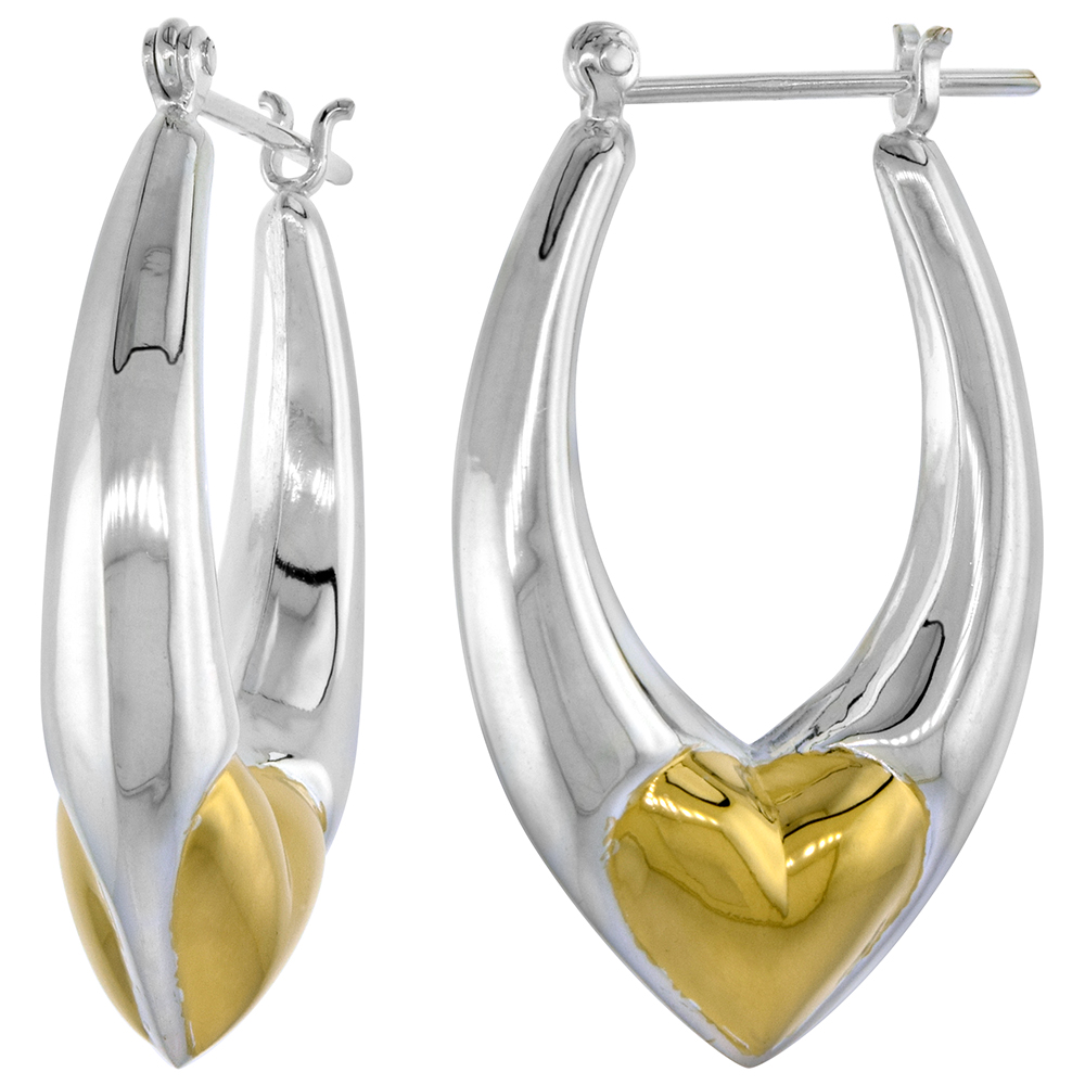 STERLING SILVER SNAP-DOWN-POST HOOP HEART EARRINGS GOLD PLATED HEART ACCENT 1 7/16 INCH TALL