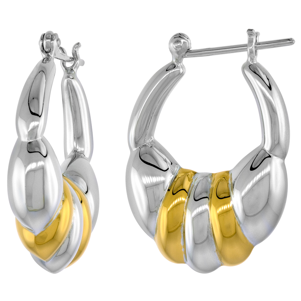 STERLING SILVER SNAP-DOWN-POST HOOP EARRINGS 2-TONE GOLD PLATE ACCENT 1 3/16 INCH TALL