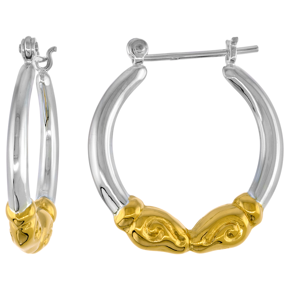 STERLING SILVER SNAP-DOWN-POST RAMS HEAD HOOP EARRINGS 2-TONE GOLD PLATE ACCENT 1 1/8 INCH TALL