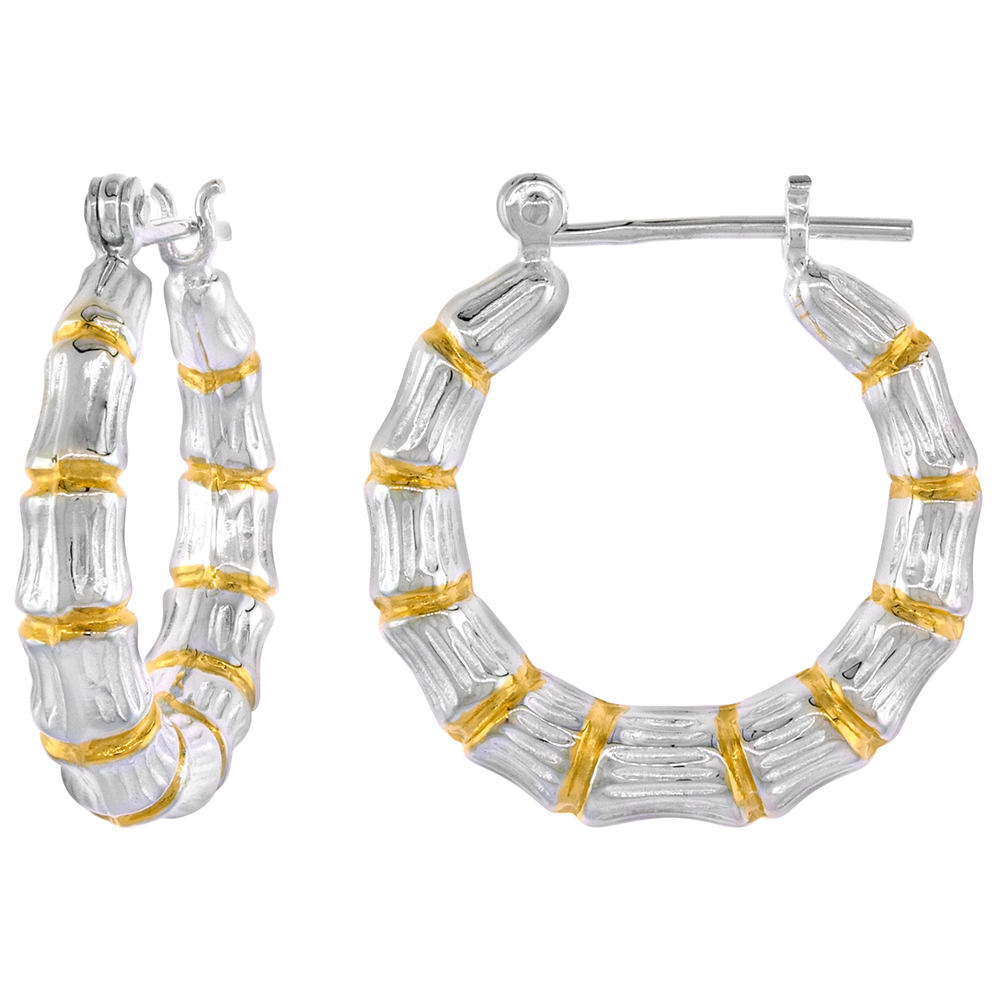 STERLING SILVER SNAP-DOWN-POST BAMBOO HOOP EARRINGS 2-TONE GOLD PLATE ACCENT 1 INCH TALL