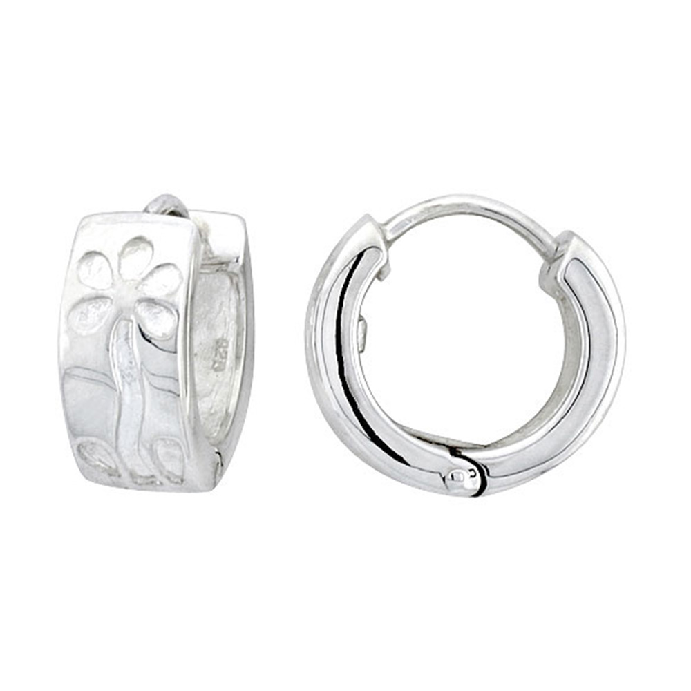 STERLING SILVER HUGGIE EARRINGS FLORAL FLAWLESS FINISH 5/8 INCH