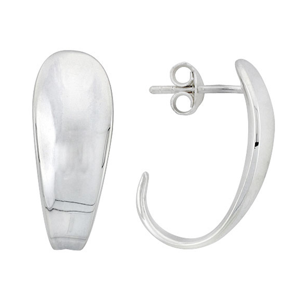 STERLING SILVER TAPERED J-SHAPED POST EARRINGS 7/8 INCH WIDE