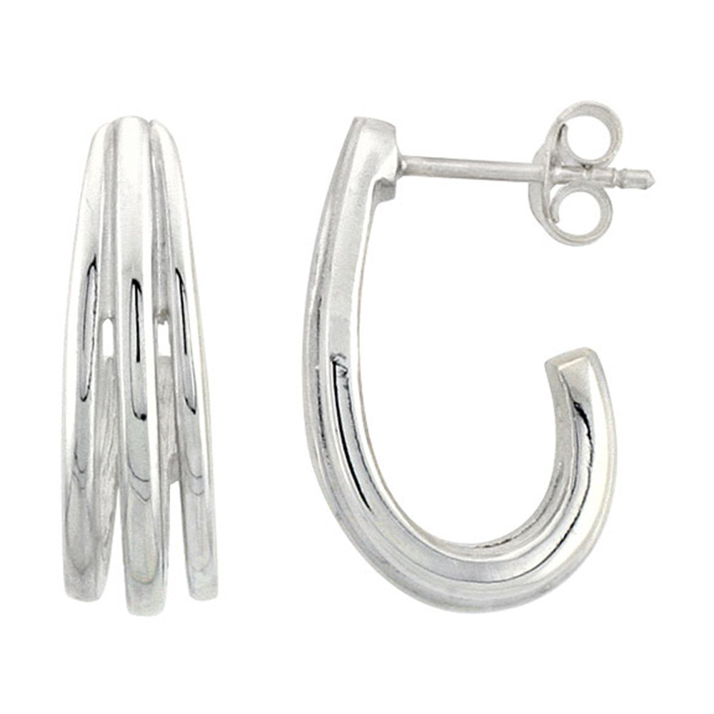 STERLING SILVER THREE-STRIP J-SHAPED POST EARRINGS 11/16 INCH WIDE
