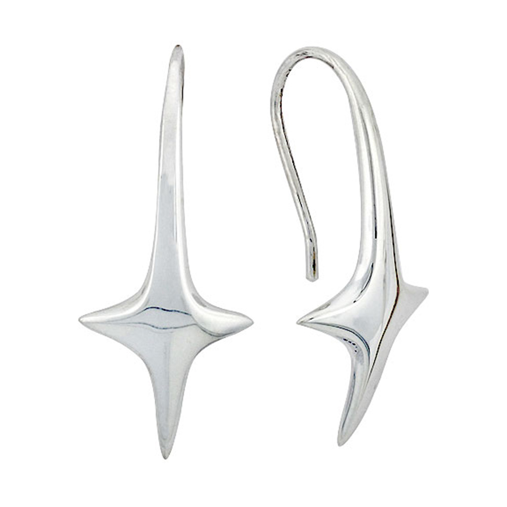 STERLING SILVER STAR HOOK EARRINGS 1 1/8 INCH LONG