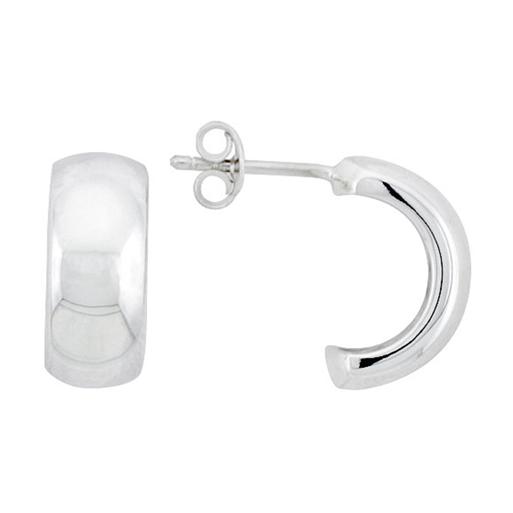 STERLING SILVER HALF HOOP POST EARRINGS 9/16 INCH WIDE