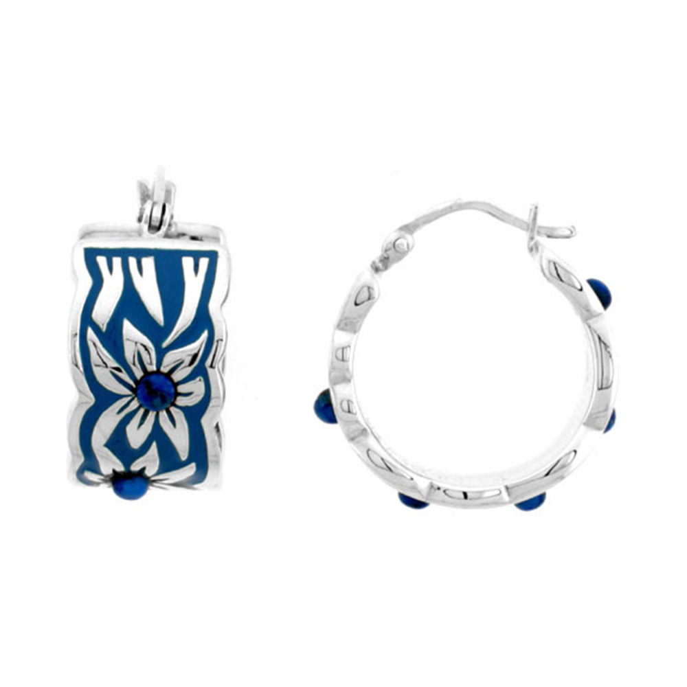 STERLING SILVER FLORAL BLUE BEAD HINGED POST HOOP EARRINGS 13/16 INCH WIDE