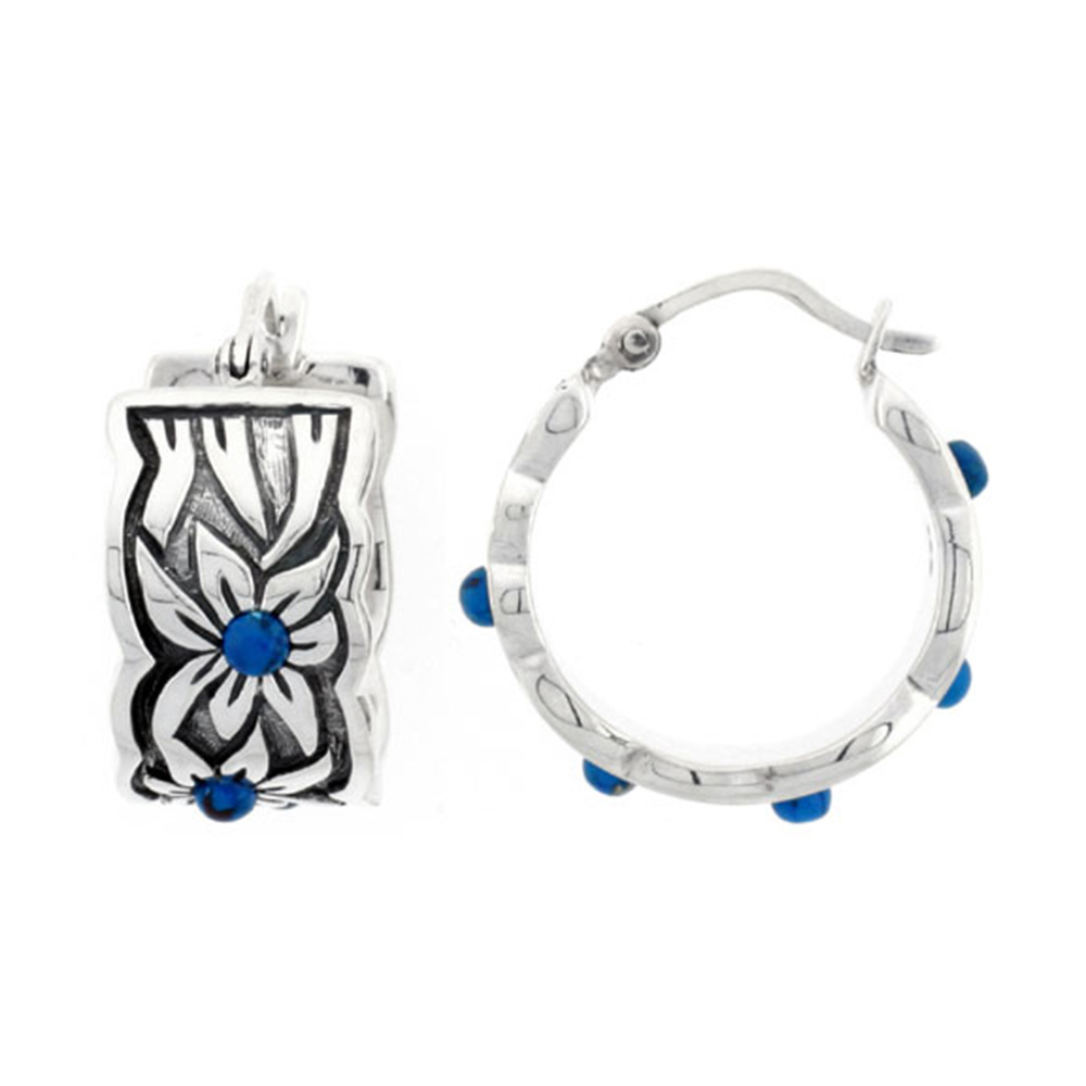 STERLING SILVER ANTIQUED FLORAL HINGED POST HOOP EARRINGS 13/16 INCH WIDE