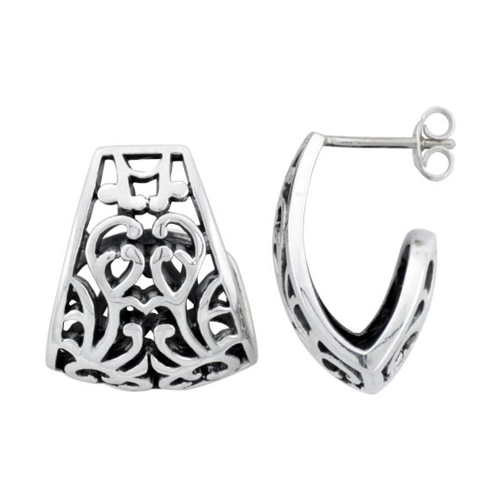 STERLING SILVER FLORAL POST EARRINGS J-SHAPE 7/8 INCH WIDE