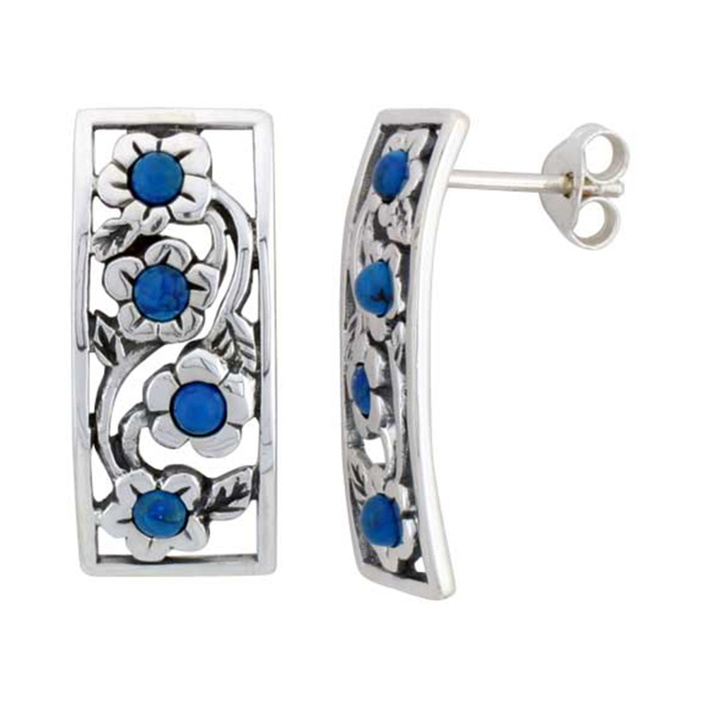 STERLING SILVER FLORAL BLUE BEAD RECTANGULAR POST EARRINGS 7/8 INCH WIDE