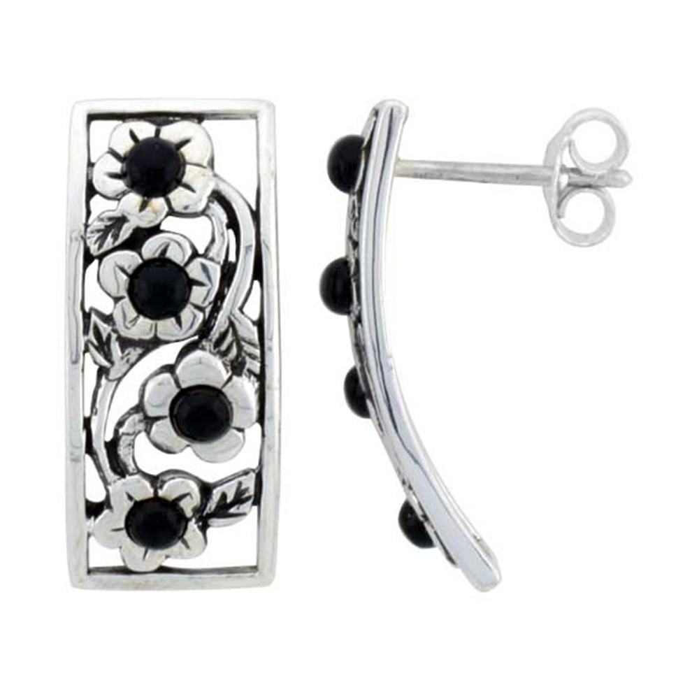 STERLING SILVER FLORAL BLACK BEAD RECTANGULAR POST EARRINGS 7/8 INCH WIDE