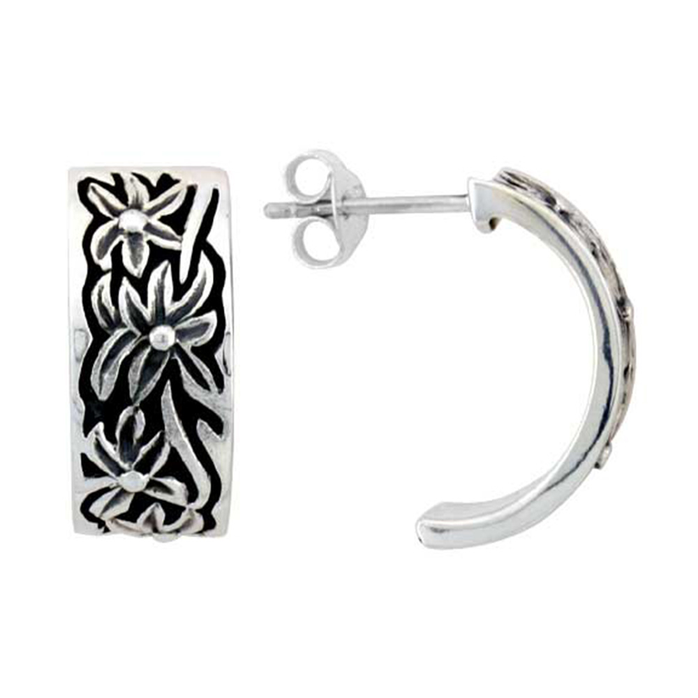 STERLING SILVER FLORAL CRESCENT POST EARRINGS 3/4 INCH WIDE