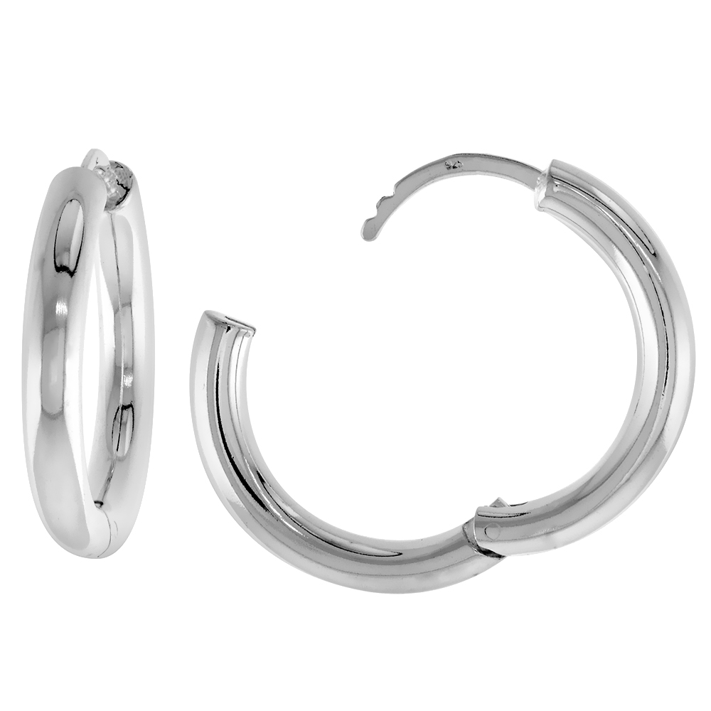 STERLING SILVER PLAIN ROUND TUBE 25MM HINGED HUGGIE HOOP EARRINGS FINISH 1 INCH