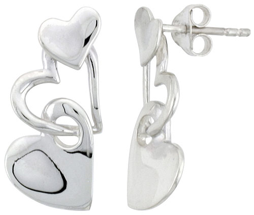 STERLING SILVER HEART POST EARRINGS, 7/8 INCH LONG