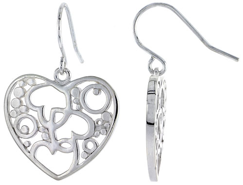 STERLING SILVER HEART HOOK EARRINGS, 3/4 INCH LONG