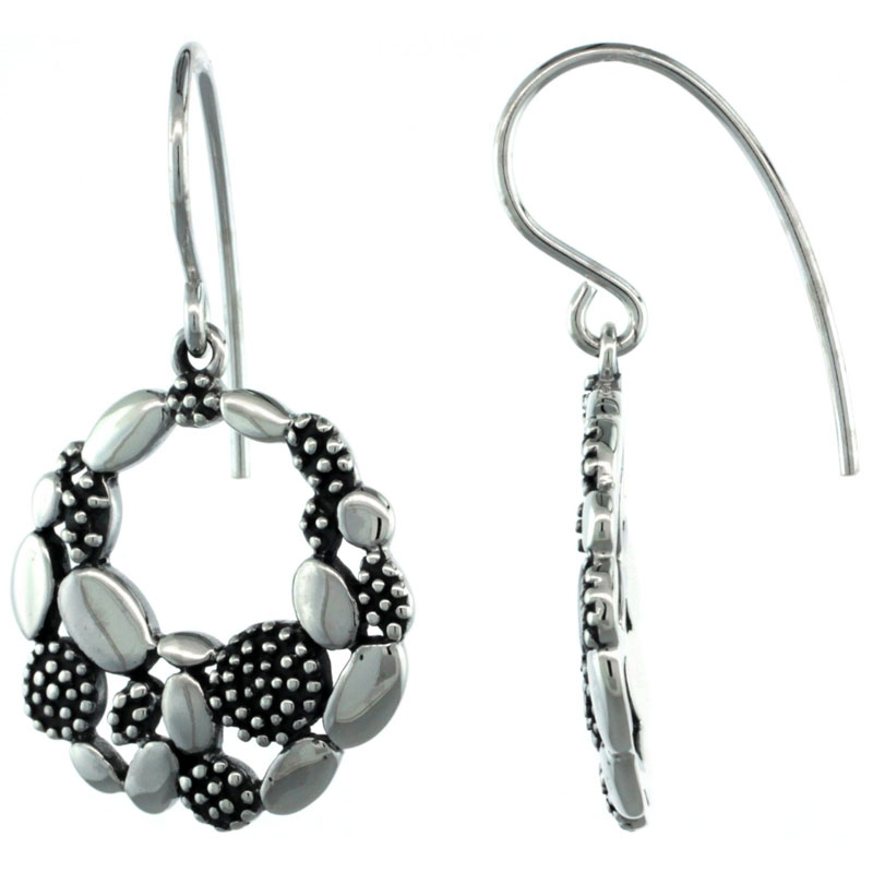 STERLING SILVER DANGLE FLORAL WREATH EARRINGS 1 1/4 INCH LONG