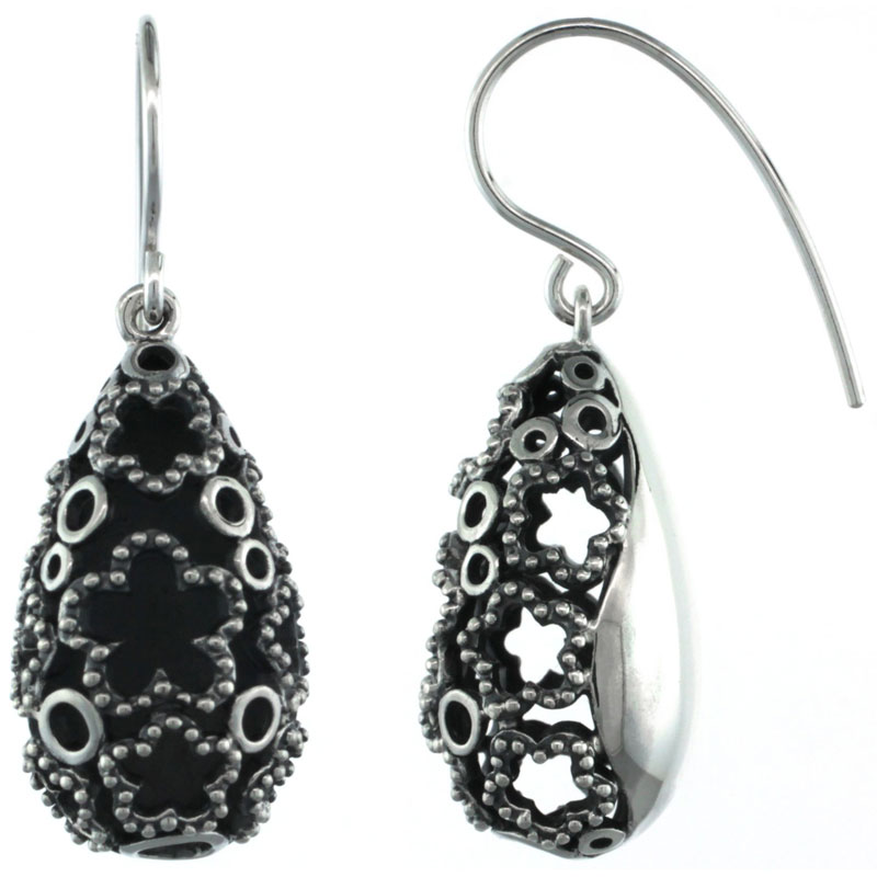 STERLING SILVER DANGLE 3-D TEARDROP EARRINGS FLORAL CUT-OUT, 1 3/8 INCH LONG