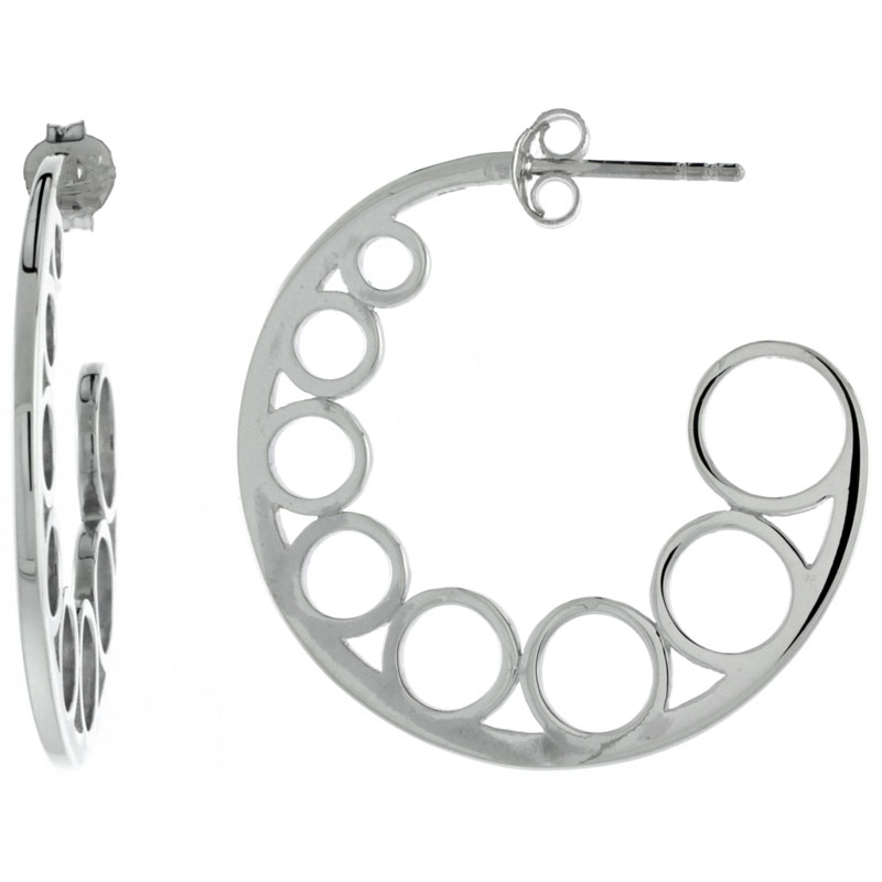 STERLING SILVER CIRCLES HALF HOOP EARRINGS, 1 1/4 INCH LONG