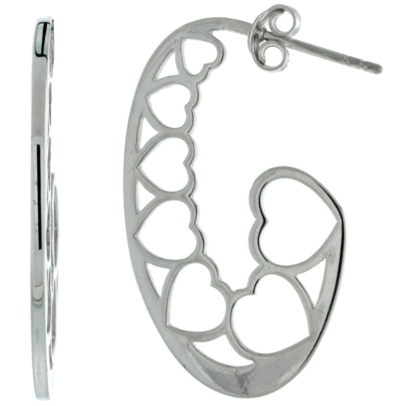 STERLING SILVER HEARTS HALF HOOP EARRINGS, 1 1/4 INCH LONG