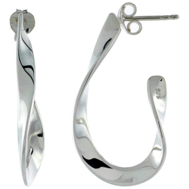 STERLING SILVER PLAIN TWISTED HALF HOOP EARRINGS, 1 1/4 INCH LONG