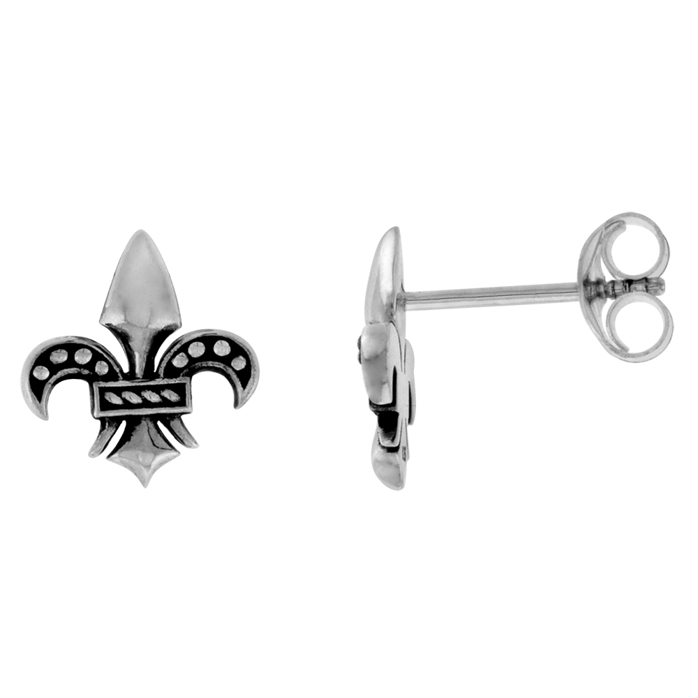 DAINTY STERLING SILVER FLEUR DE LIS STUD EARRINGS FOR WOMEN & TEENS FLAWLESS POLISHED ANTIQUED FINISH 1/2 INCH WIDE