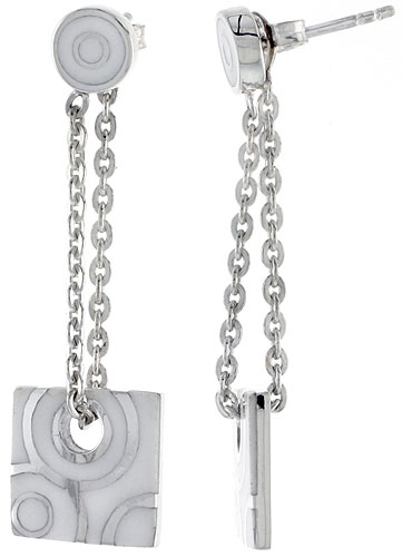 STERLING SILVER DANGLING POST DISC EARRINGS SQUARE WHITE ENAMEL, 1 3/4 INCHES LONG