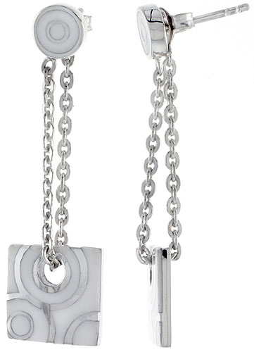 Sterling Silver Dangling Post Disc Earrings Square White Enamel, 1 3/4 inches long