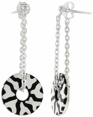 STERLING SILVER ABSTRACT DESIGN DANGLING POST DISC EARRINGS ROUND BLACK ENAMEL, 1 3/4 INCHES LONG