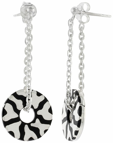 Sterling Silver Abstract Design Dangling Post Disc Earrings Round Black Enamel, 1 3/4 inches long