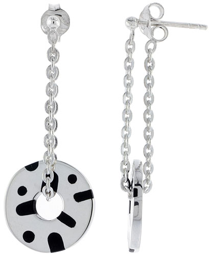 STERLING SILVER DOTS & LINES DANGLING POST DISC EARRINGS ROUND BLACK ENAMEL, 1 3/4 INCHES LONG